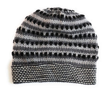 Load image into Gallery viewer, Hand-Knotted Chullo Winter Hat Grey, White, Black. Multicolor. Alpaca Wool Blend Inca Culture Design. Beanie Hat. Rustic Unisex