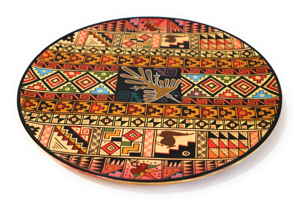 Decorative Wood Plate. Handpainted Multicolor, Geometric Figures, Nazca Lines Diameter: 9.51