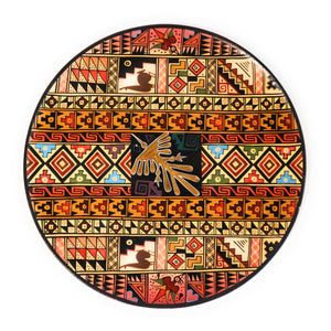 Decorative Wood Plate. Handpainted Multicolor, Geometric Figures, Nazca Lines Diameter: 9.51"