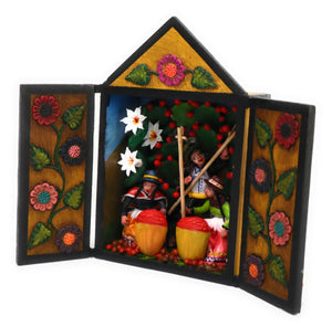 Diorama Retablo Wood Box Harvesting of Prickly Pear Cactus Fruit "Tuna" Scene. 7.5" Tall