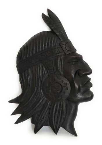 Inca Mask Wood Wall Plaque Hand Carved Peruvian Art Dark Brown 13” Tall