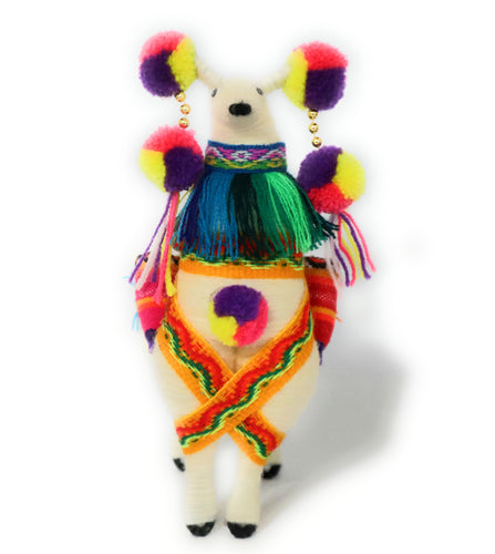 Wool Multicolor Llama Figurine. Peruvian Folk Art. 7.5