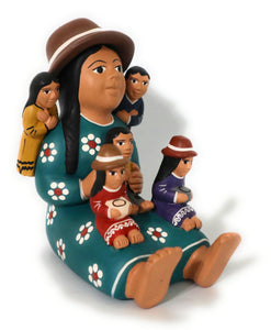 Peruvian Folk Art Pottery Storyteller Country Woman with Kids Figurine Multicolor Ceramic. Andean Version 5" Tall.