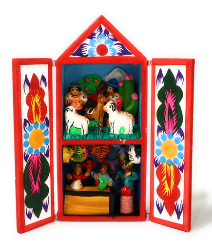 Diorama Retablo Wood Box Andean Shepherds & Handcrafting of Masks Scene 6.40
