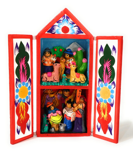 Diorama Retablo Wood Box. Andean Llamas Raising & Regional Dancing Scenes 6.40