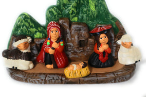 Nativity Christmas Decor Ceramic Peruvian Handmade Pottery Folk Art Nacimiento in Machu Picchu Scene Andean Style 5.75" Tall