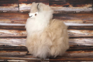 Llama Figurine Original Fur Beige and White Color 6.5" Inch.