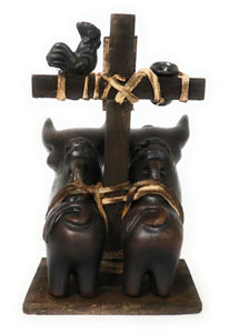 Pucara Bulls Toritos de Pucara Peruvian Ceramic Bulls Amulet Antiqued Pottery Brown Color 9" Tall