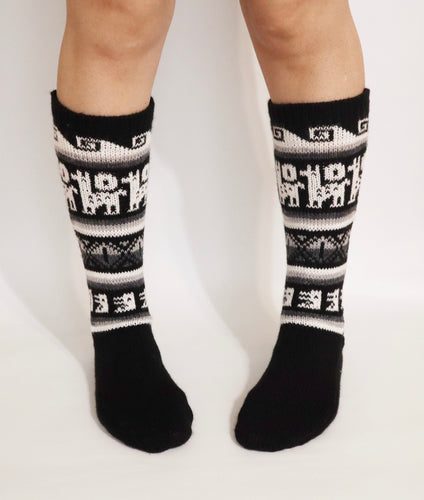 Alpaca Wool Socks Inca and Llama Design Medium Black. Socks for Women Fits Sizes 7-9