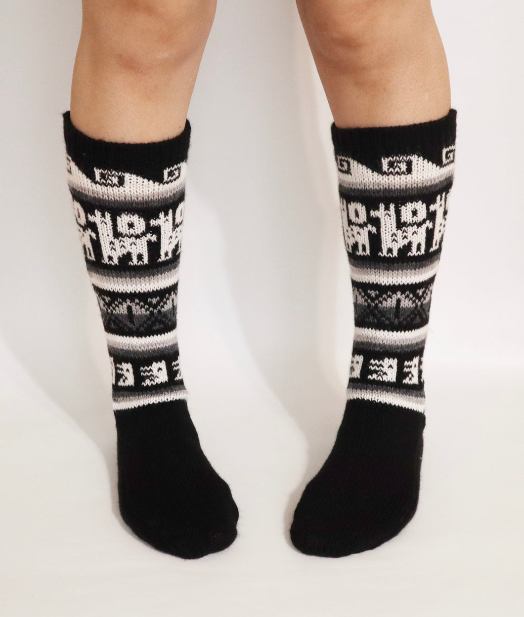 Alpaca Wool Socks Inca and Llama Design Medium Black. Socks for Women Fits Sizes 7-9