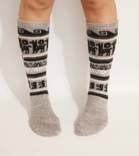 Alpaca Wool Socks Inca and Llama Design Medium Light Gray. Socks for Women Fits Sizes 7-9