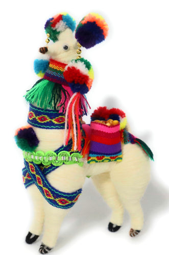Wool Multicolor Llama Figurine. Peruvian Folk Art. 7.5