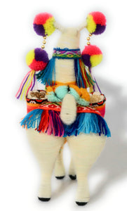 Wool Multicolor Llama Figurine. Peruvian Folk Art. 7.5" Tall