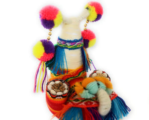 Wool Multicolor Llama Figurine. Peruvian Folk Art. 7.5" Tall