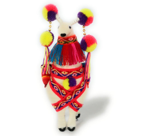 Wool Multicolor Llama Figurine. Peruvian Folk Art. 7.5