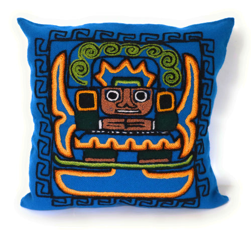 Embroidered Wool Cushion Cover Moche Culture Deity Blue 16