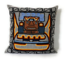 Load image into Gallery viewer, Embroidered Wool Cushion Cover Moche Culture Deity Gray 16" L x 16.75" W