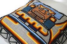 Load image into Gallery viewer, Embroidered Wool Cushion Cover Moche Culture Deity Gray 16" L x 16.75" W