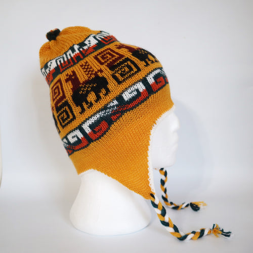 Chullo Alpaca Wool Blend Hat with Earflaps Reversible Yellow White. Unisex