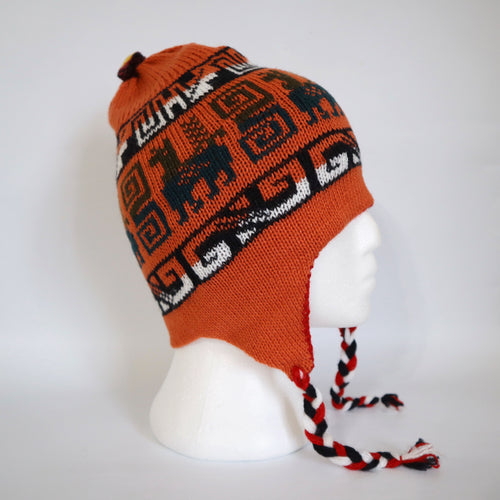 Chullo Alpaca Wool Blend Hat with Earflaps Reversible Orange Red. Unisex