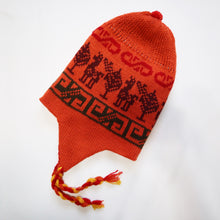 Load image into Gallery viewer, Chullo Alpaca Wool Blend Hat with Earflaps Reversible Red Orange. Unisex