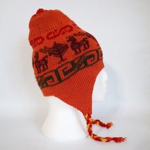 Load image into Gallery viewer, Chullo Alpaca Wool Blend Hat with Earflaps Reversible Red Orange. Unisex