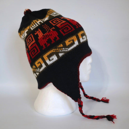 Chullo Alpaca Wool Blend Hat with Earflaps Reversible Black Burgundy. Unisex
