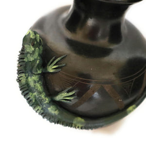 Mexican Decorative Ceramic Oaxaca Black Pottery Vase with Iguana 6.5" Tall