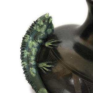 Mexican Decorative Ceramic Oaxaca Black Pottery Vase with Iguana 6.5" Tall