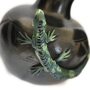 Mexican Decorative Ceramic Oaxaca Black Pottery Vase with Iguana 6.5" Tall