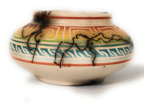 Navajo Ceramic Horse Hair Bowl Rainbow Colors Signed Ronald Smith 2.5