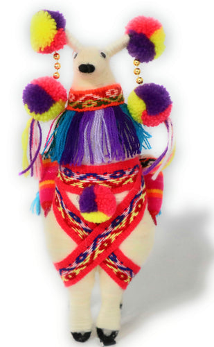 Wool Multicolor Llama Figurine. Peruvian Folk Art. 7.5