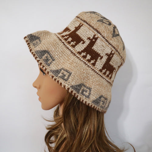 Crochet Roll-Up Peruvian Hat Rustic Thick Knit Sheep & Alpaca Wool Ivory Color Medium Unisex