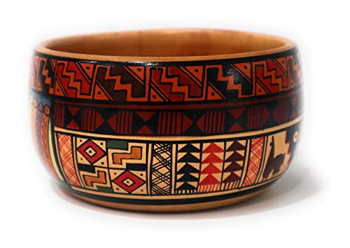 Handmade Decorative Wood Bowl. Hand-Painted Bowl Multicolor, Geometric Figures, Inca Culture Design, Country People from de Andes. Diameter: 5