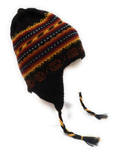 Load image into Gallery viewer, Hand-Knotted Chullo Hat Black, Yellow, Orange/Rainbow Stripped. Reversible. Alpaca Wool BlendInca Culture Design.