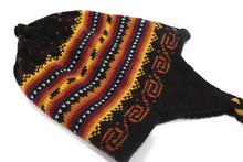 Load image into Gallery viewer, Hand-Knotted Chullo Hat Black, Yellow, Orange/Rainbow Stripped. Reversible. Alpaca Wool BlendInca Culture Design.
