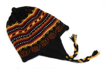 Load image into Gallery viewer, Hand-Knotted Chullo Hat Black, Yellow, Orange/Rainbow Stripped. Reversible. Alpaca Wool BlendInca Culture Design.
