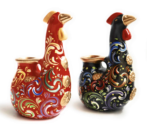 Handpainted Hen Chickens Floral Design Candle Holders Red & Black Height 5