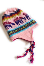 Load image into Gallery viewer, Hand-Knotted Chullo Winter Magenta Pink Reversible. Alpaca Wool Blend with Earflaps Inca Culture Design. Rustic Unisex