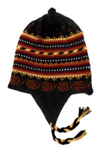 Load image into Gallery viewer, Hand-Knotted Chullo Hat Black, Yellow, Orange/Rainbow Stripped. Reversible. Alpaca Wool BlendInca Culture Design.