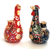 Load image into Gallery viewer, Handpainted Hen Chickens Floral Design Candle Holders Red &amp; Black Height 5&quot; Set of 2