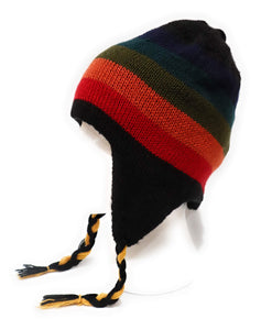 Hand-Knotted Chullo Hat Black, Yellow, Orange/Rainbow Stripped. Reversible. Alpaca Wool BlendInca Culture Design.