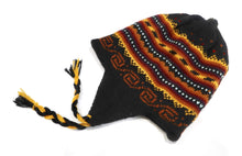 Load image into Gallery viewer, Hand-Knotted Chullo Hat Black, Yellow, Orange/Rainbow Stripped. Reversible. Alpaca Wool BlendInca Culture Design.