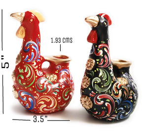 Handpainted Hen Chickens Floral Design Candle Holders Red & Black Height 5" Set of 2