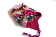 Load image into Gallery viewer, Hand-Knotted Chullo Winter Magenta Pink Reversible. Alpaca Wool Blend with Earflaps Inca Culture Design. Rustic Unisex