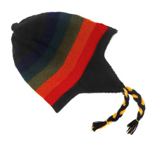 Load image into Gallery viewer, Hand-Knotted Chullo Hat Black, Yellow, Orange/Rainbow Stripped. Reversible. Alpaca Wool BlendInca Culture Design.