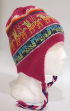 Load image into Gallery viewer, Hand-Knotted Chullo Winter Magenta Pink Reversible. Alpaca Wool Blend with Earflaps Inca Culture Design. Rustic Unisex