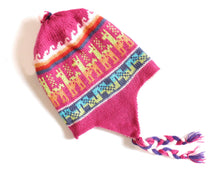 Load image into Gallery viewer, Hand-Knotted Chullo Winter Magenta Pink Reversible. Alpaca Wool Blend with Earflaps Inca Culture Design. Rustic Unisex