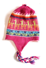 Load image into Gallery viewer, Hand-Knotted Chullo Winter Magenta Pink Reversible. Alpaca Wool Blend with Earflaps Inca Culture Design. Rustic Unisex