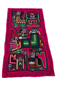 Hand Embroidered Wool Tapestry. Decorative Artwork, Wall Hanging 43.5"L x 21.5" W Fuchsia. Moche Culture